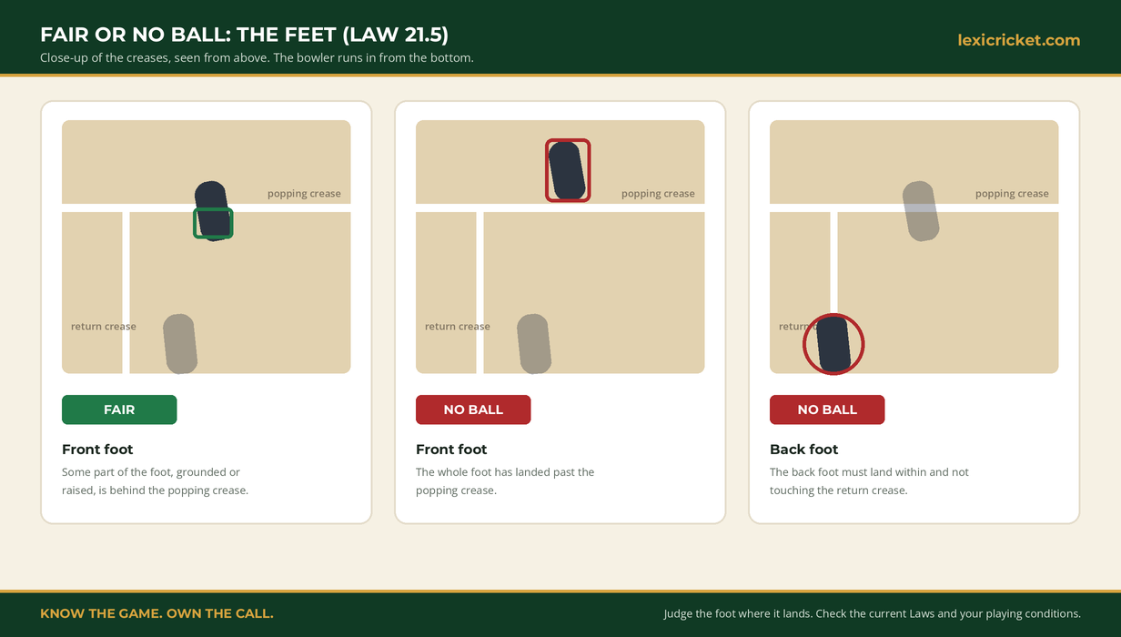 Diagram showing a fair front foot, a front-foot no ball and a back-foot no ball under Law 21.5